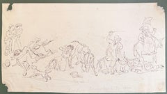 Fine English School Ink & Watercolor Comic Donkey Riding Scene with Figures