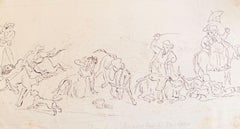 Fine English School Ink & Watercolor Comic Donkey Riding Scene with Figures