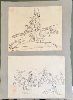 Fine English School Ink & Watercolor Cossack Cavalry Figure and Battle Studies