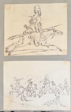 Fine English School Ink & Watercolor Cossack Cavalry Figure and Battle Studies