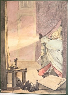 Fine English School Ink & Watercolor Dramatic Cloaked Figure With Sword Scene