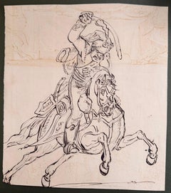 Fine English School Tinte & Aquarell Dramatische Reiterfigur Studie