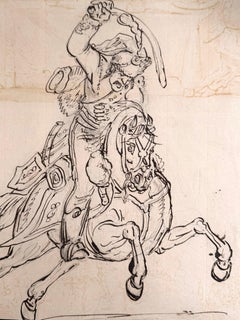 Fine English School Tinte & Aquarell Dramatische Reiterfigur Studie