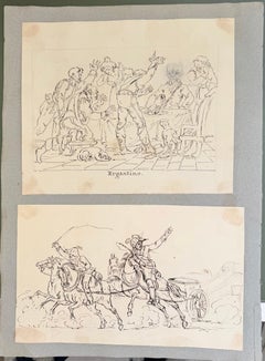 Fine English School Ink & Watercolor Dramatic Figure and Cavalry Studies