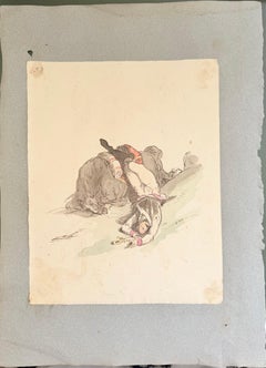 Fine English School Ink & Watercolor Fallen Cavalryman Horse Dramatic Scene