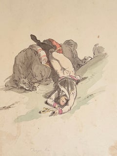 Fine English School Ink & Watercolor Fallen Cavalryman Horse Dramatic Scene