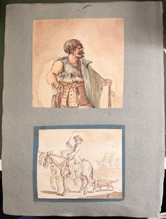 Fine English School Ink & Watercolor Figure Studies Military & Equestrian