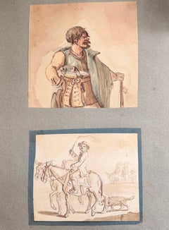 Fine English School Ink & Watercolor Figure Studies Military & Equestrian