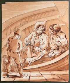 Fine English School Ink & Watercolor Fishermen at Rest in an Upturned Boat Scene