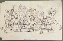 Escena de tabernas revolucionarias francesas en tinta y acuarela de la English School de 1793