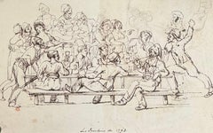 Escena de tabernas revolucionarias francesas en tinta y acuarela de la English School de 1793