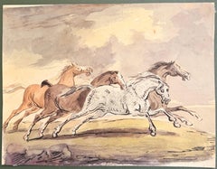 Fine English School Ink & Watercolor Galloping Horses Study Dynamic Racing Scene