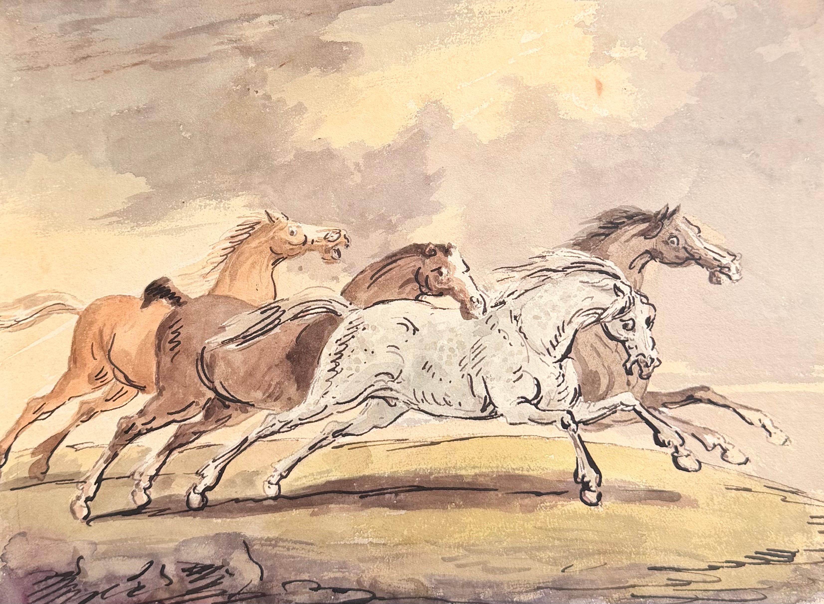 Fine English School Encre et aquarelle Étude de chevaux au galop Scène de course dynamique