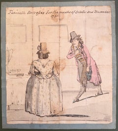Fine English School Ink & Watercolor Gentleman Bowing to Lady in Bonnet Scene