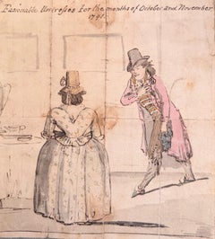 Fine English School Ink & Watercolor Gentleman Bowing to Lady in Bonnet Scene