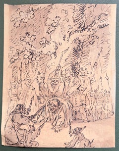 Fine English School Ink & Watercolor Grotesque Demonic Procession Scene