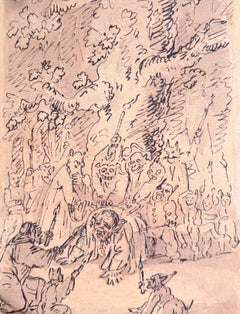 Fine English School Ink & Watercolor Grotesque Demonic Procession Scene