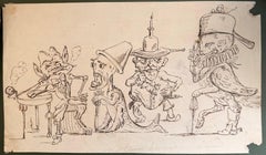Fine English School Ink & Watercolor Grotesque Fantasy Figures Satirical Scene