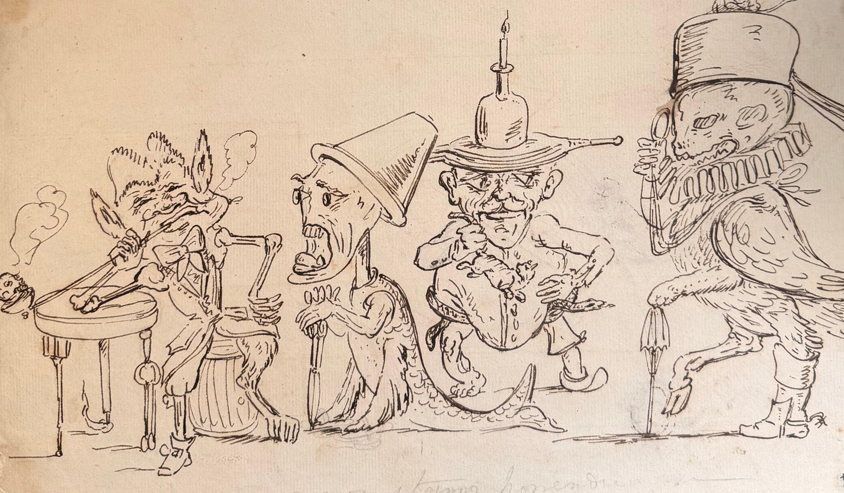 Fine English School Ink & Watercolor Grotesque Fantasy Figures Satirical Scene
