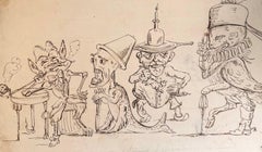 Fine English School Ink & Watercolor Grotesque Fantasy Figures Satirical Scene