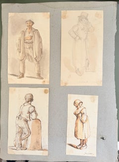 Fine English School Ink & Watercolor Group of Four Figure Studies Characters