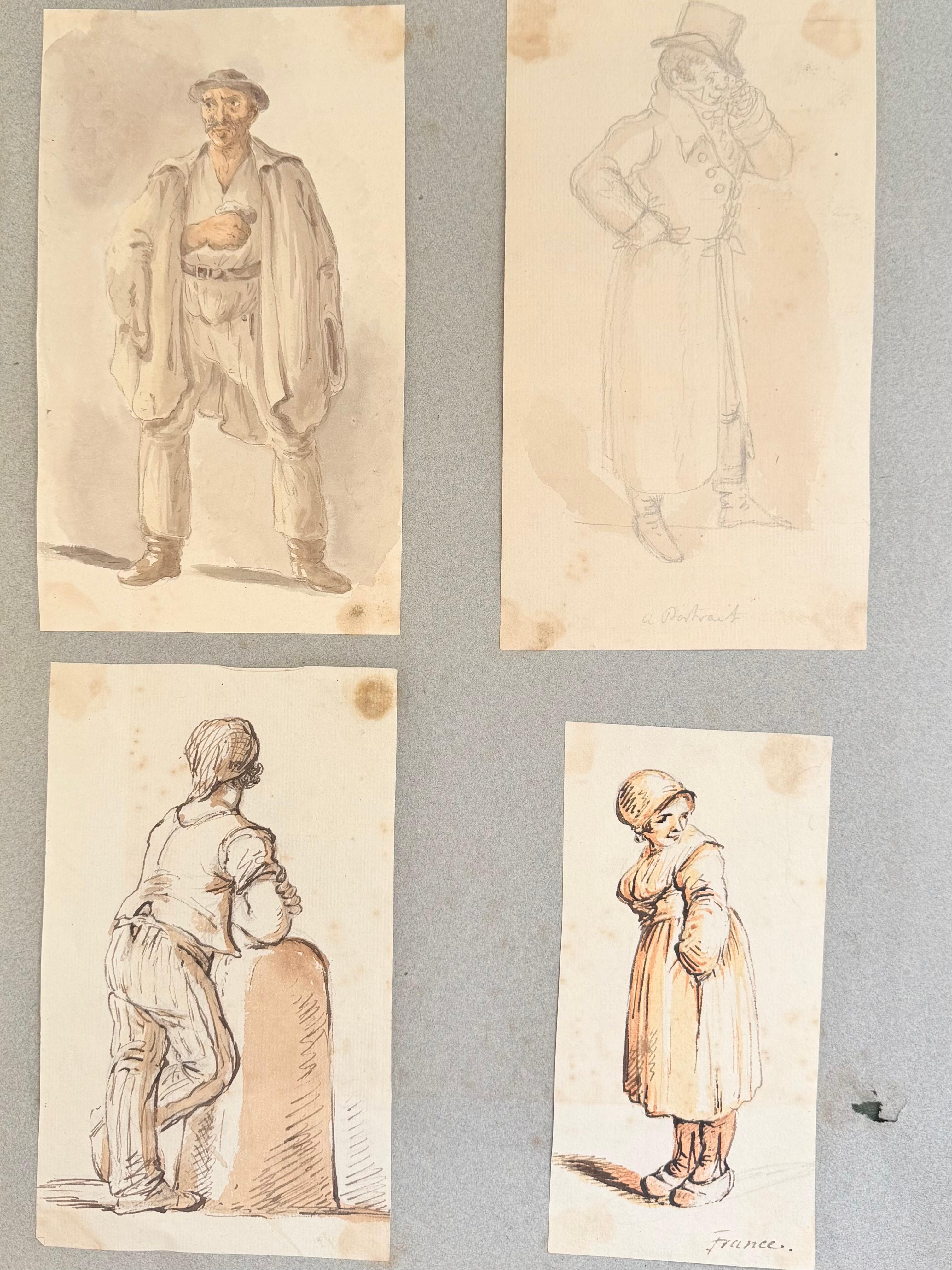 Late 18th/Early 19th Century English School. Figurative Painting - Fine English School Ink & Watercolor Group of Four Figure Studies Characters