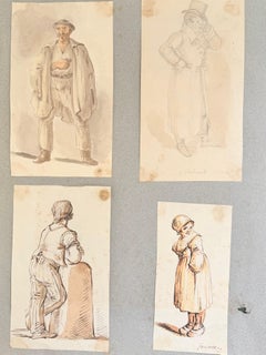 Fine English School Ink & Watercolor Group of Four Figure Studies Characters