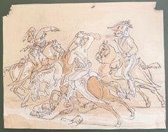 Fine English School Ink & Watercolor Hunting Fall Scene Riders In Motion Scene