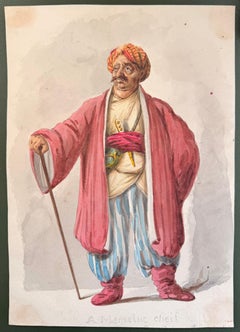 Fine English School Ink & Watercolor Mameluke Chief in a Pink Turban Robe