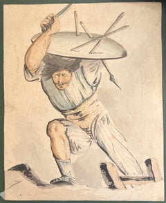 Fine English School Ink & Watercolor Man Carrying Table with Knives in Battle