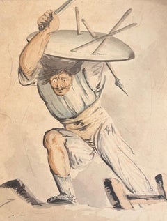 Fine English School Ink & Watercolor Man Carrying Table with Knives in Battle