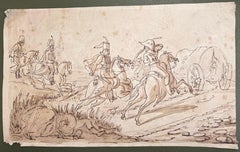 Fine English School Tinte & Aquarell Militär Kavallerie mit gefallenen Pferd Szene