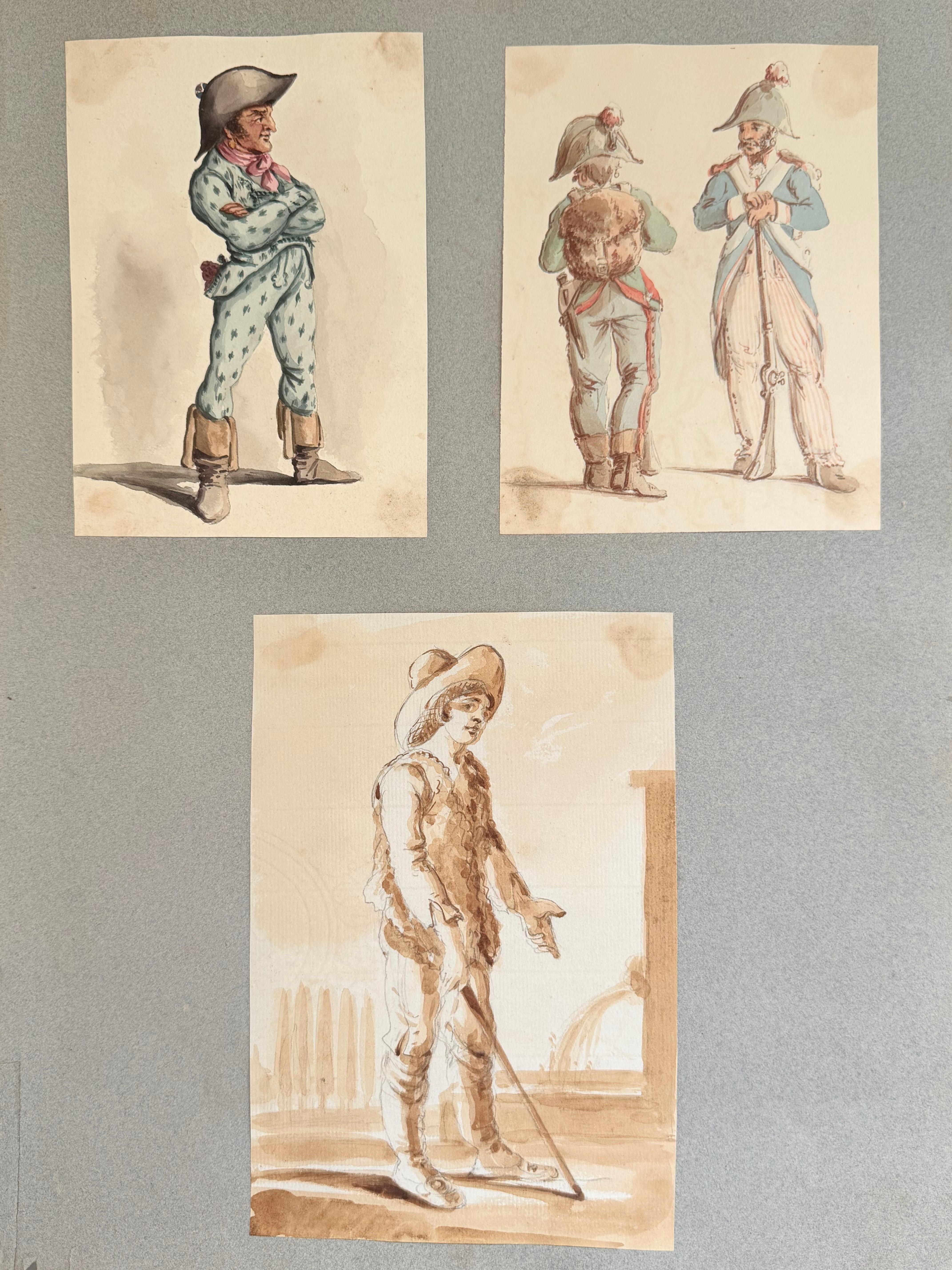 Fine English School Ink & Watercolor Military & Figure Studies Group, circa 1800