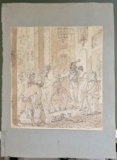 Fine English School Ink & Watercolor Military Street Scene with Soldiers Crowd