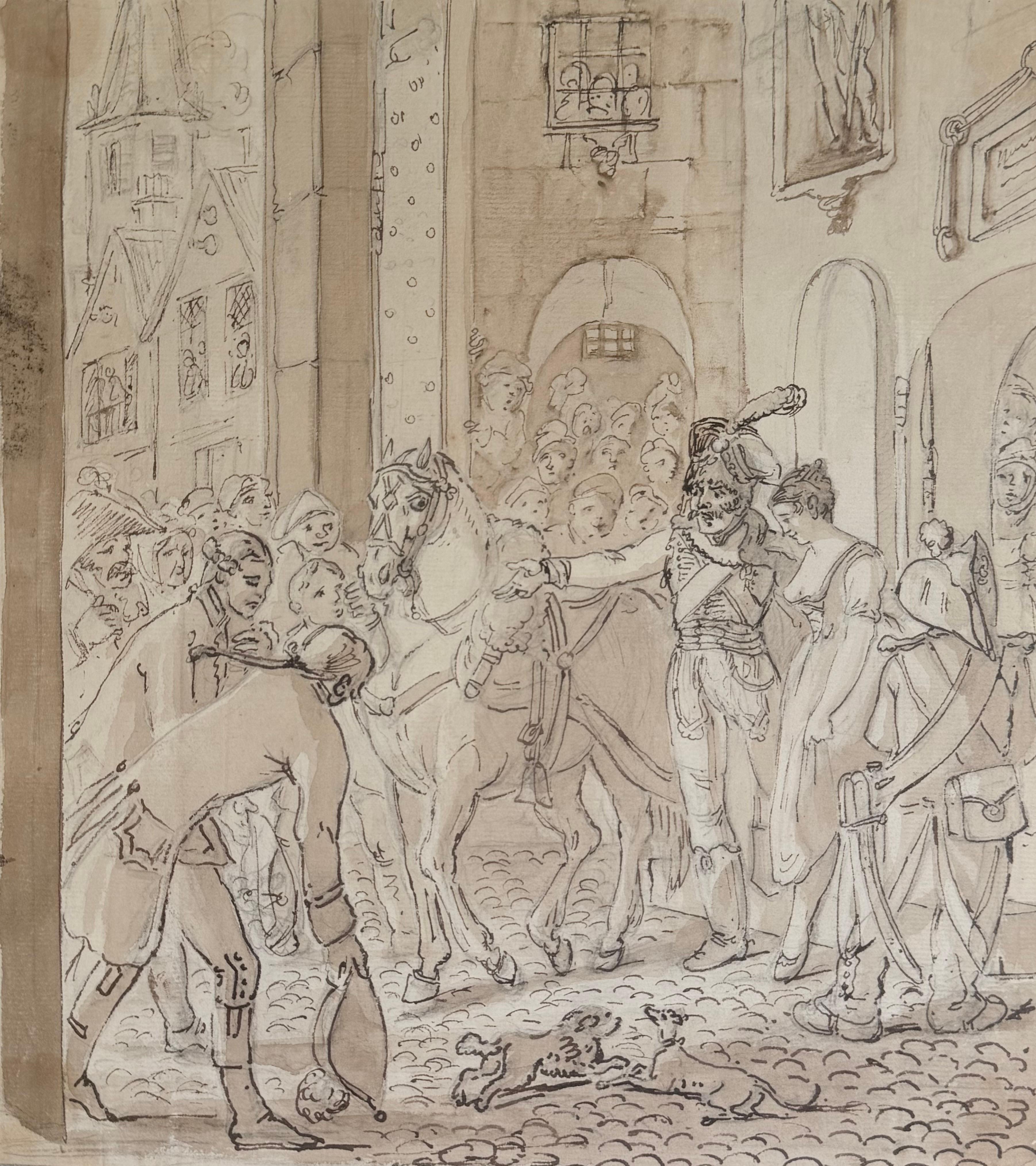 Scena di strada militare con folla di soldati, acquerello e inchiostro di English School