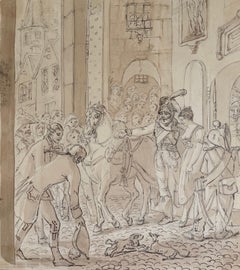 Fine English School Ink & Watercolor Military Street Scene with Soldiers Crowd