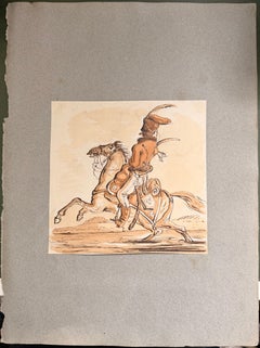 Fine English School Tinte & Aquarell berittene Kavallerie Offizier Reiter Studie