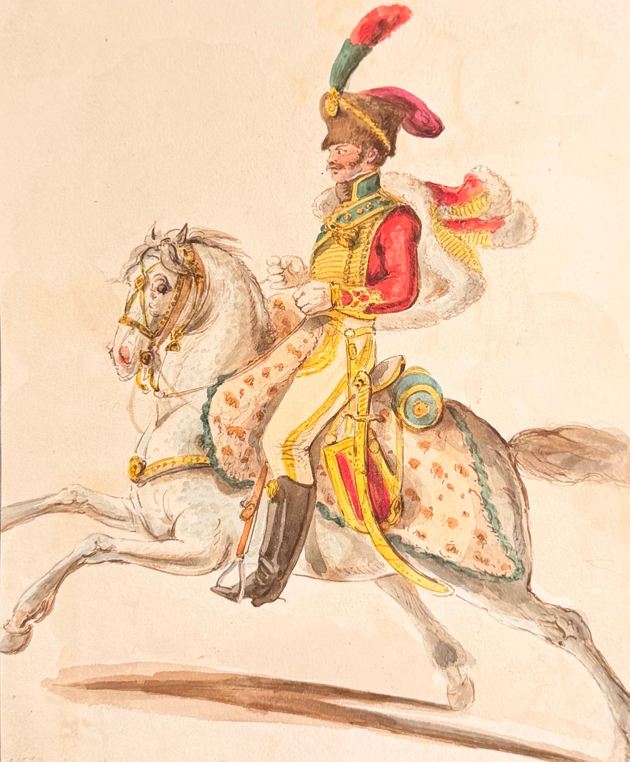 Fine English School Ink & Watercolor Mounted Cavalry Officer Equestrian Study