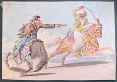 Fine English School Ink & Watercolor Mounted Duel Pistol and Sword Horseback