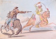 Fine English School Ink & Watercolor Mounted Duel Pistol and Sword Horseback