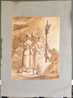 Fine English School Ink & Watercolor Occult Ritual Scene with Figures
