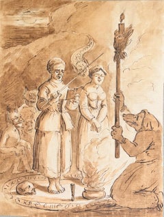 Fine English School Ink & Watercolor Occult Ritual Scene with Figures