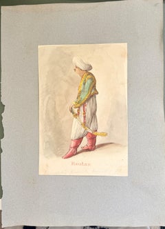 Fine English School Ink & Watercolor Ottoman Figure Turban Holding Curved Sword