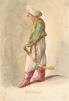 Fine English School Ink & Watercolor Ottoman Figure Turban Holding Curved Sword