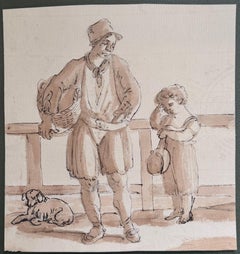 Fine English School Ink & Watercolor Rustic Figure with Child and Dog