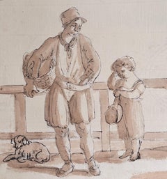 Fine English School Ink & Watercolor Rustic Figure with Child and Dog