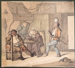 Fine English School Ink & Watercolor Rustic Interior Tavern Scene
