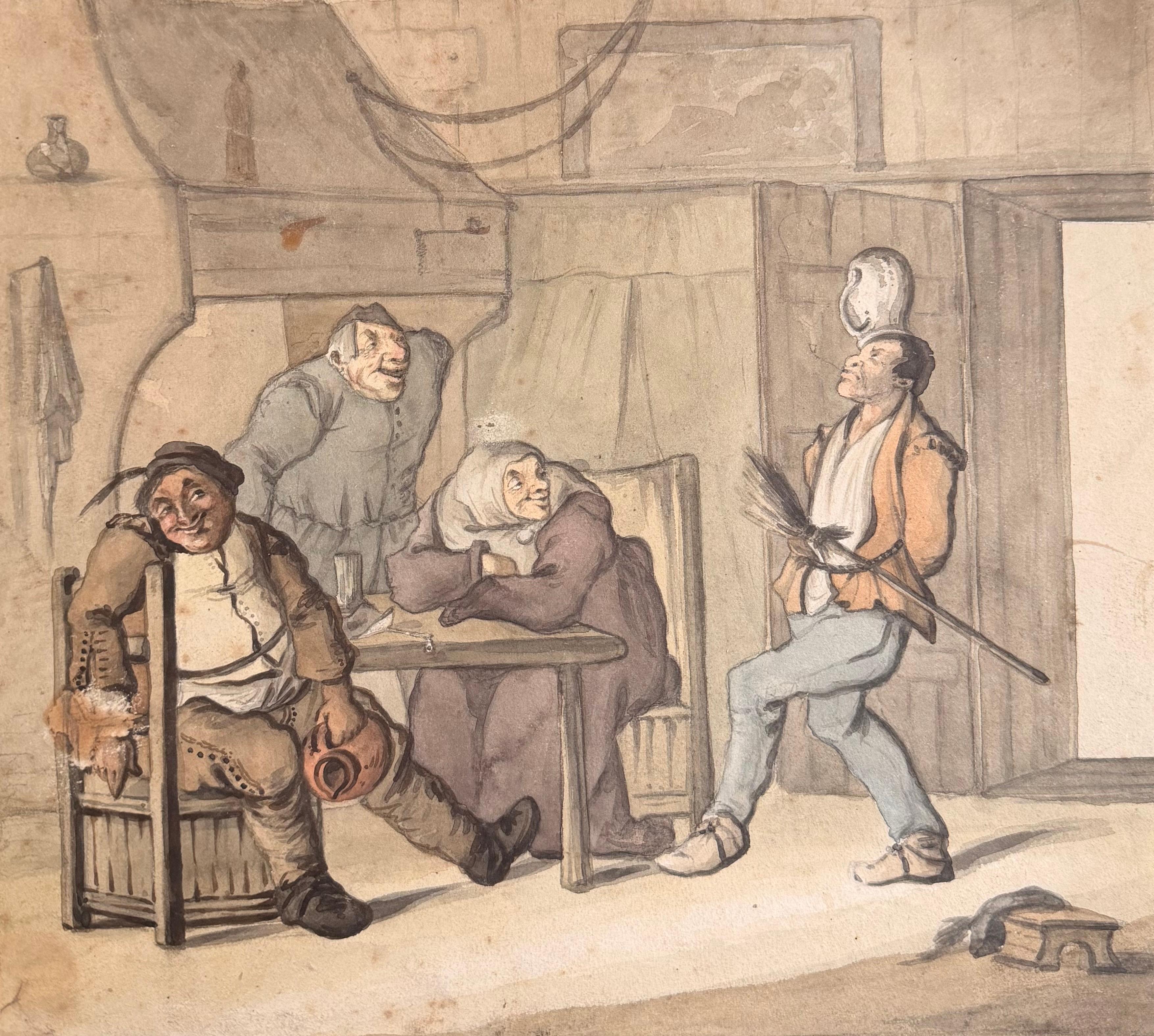 Fine English School Ink & Watercolor Rustic Interior Tavern Scene