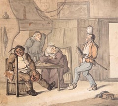 Fine English School Ink & Watercolor Rustic Interior Tavern Scene