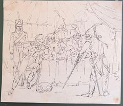 Fine English School Ink & Watercolor Satirical Officers Tavern Drinking Scene